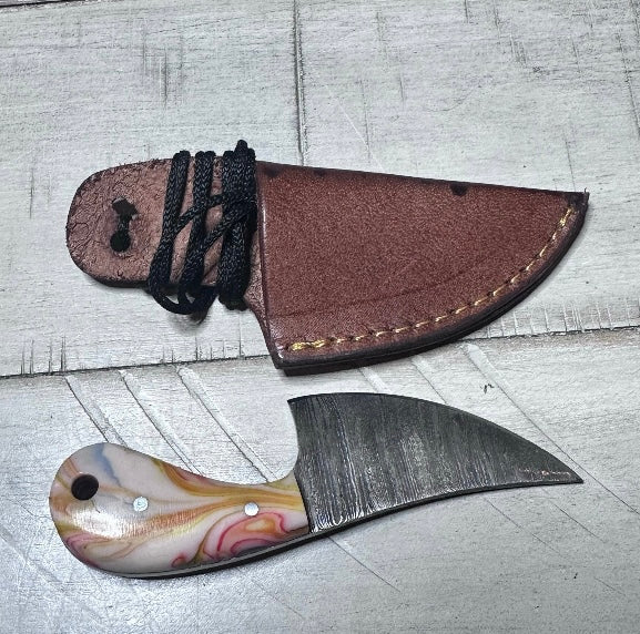 Demascus Steel Fixed Blade Neck Knife w/Leather Sheath