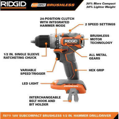 Ridgid R86116 18V SubCompact Brushless 1/2 in. Hammer Drill (Tool Only)